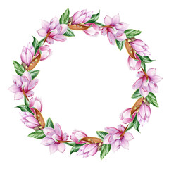 Fototapeta na wymiar Magnolia flower wreath. Watercolor illustration. Tender pink magnolia flowers in round decoration. Elegant wreath from spring blossoms with green leaf. On white background