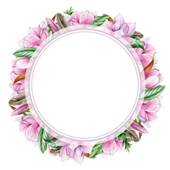 Magnolia flower round frame. Watercolor illustration. Tender pink magnolia flower decoration. Elegant wreath from spring blossoms with green leaf. Round invitation, greeting frame on white background