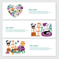Dogs and cats care products banners or flyers set, flat vector illustration.