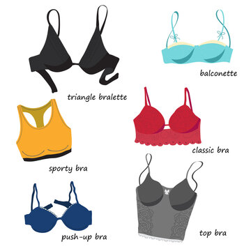 Color illustration of different kind of women's bras  in flat style. Push-up, classic, sporty, balconette, triangle and top bras. It can be used as icon or design element.