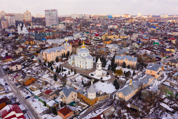 Aerial panoramic view of old quarters of Voronezh and Alekseev-Akatov Convent, one of oldest monasteries on winter day, Russia