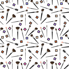 Seamless pattern of eye shadow and makeup brushes on a white background. Vector pattern in flat cartoon style for beauty salons and wrapping paper