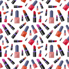 Seamless pattern of red lipsticks and nail polishes on a white background. Vector pattern in flat cartoon style for beauty salons and wrapping paper