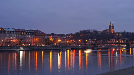 Prague city center after sunset view with Vysehrad hill and river, Prague, Czech Republic