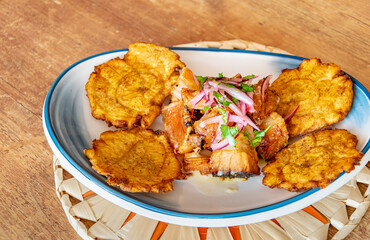 a plate of fried plantain served with shredded beef drizzled with onion and lime dressing landscape