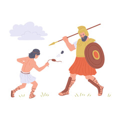 Old Testament bible David and Goliath, flat vector illustration isolated.