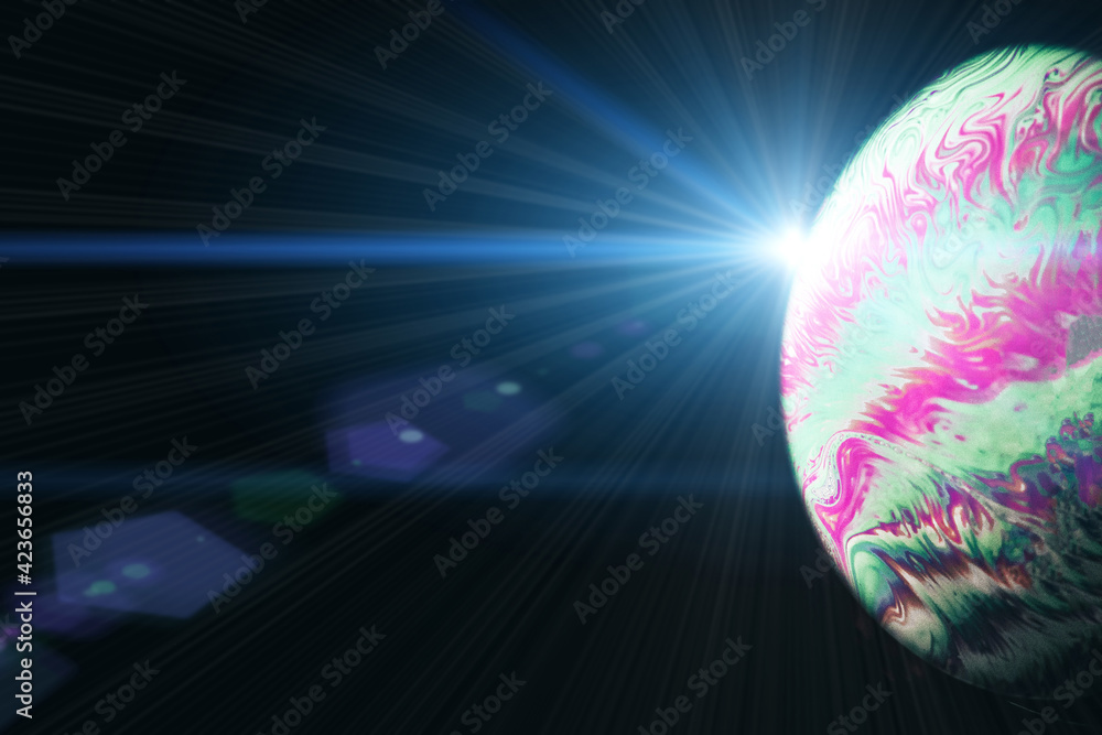 Wall mural abstract background space. globe planet earth in galaxy universe with abstract sun on black backgrou