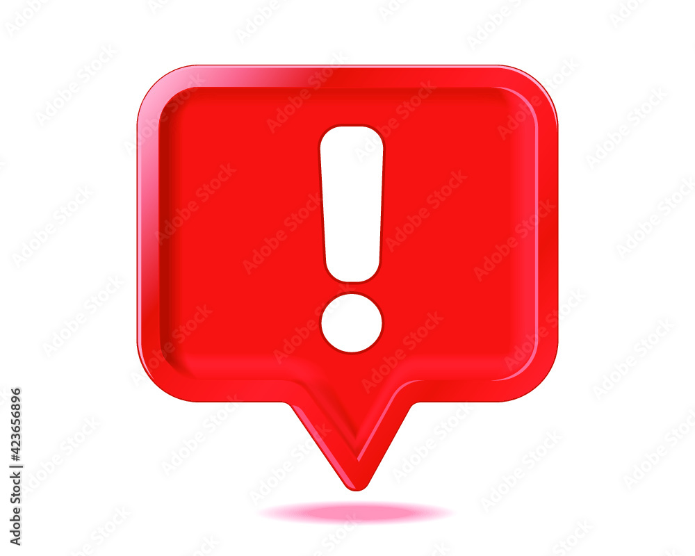 Poster exclamation mark icon in red rounded square pin. 3d rendering