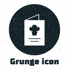 Grunge Cookbook icon isolated on white background. Cooking book icon. Recipe book. Fork and knife icons. Cutlery symbol. Monochrome vintage drawing. Vector