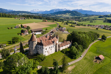 Aerial view of the medieval Oron castle, dating back to the 13th century, in Canton Vaud with the...