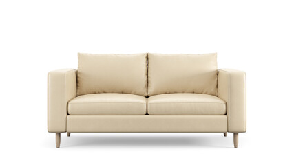 Modern beige leather upholstery sofa on isolated white background. Furniture for modern interior, minimalist design.