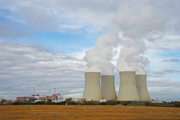 Temelin Nuclear power station plant with two atomic reactors and four cooling towers, Temelin,...