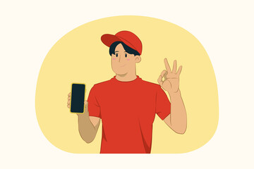 Delivery young man hold cellphone show ok gesture concept