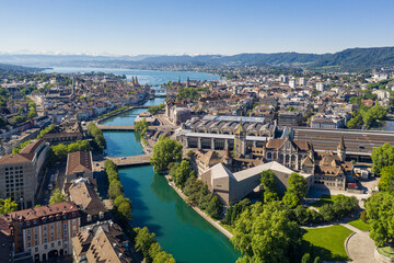 Aerial view of the Limmat river that flow through the Zurich city center by the national museum,...