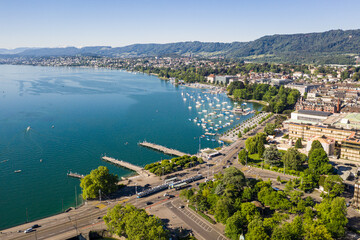 Fototapeta na wymiar Aerial view of the Zurich cityscape with the quay along the lake Zurich on a sunny summer day in Switzerland largest city