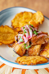 a plate of fried plantain served with shredded beef drizzled with onion and lime dressing portrait