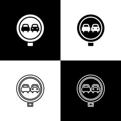 Set No overtaking road traffic icon isolated on black and white background. Traffic rules and safe driving. Vector