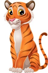 Cartoon funny tiger sitting isolated on white background