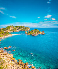  Vertical panorama of Isola Bella beach in Taormina, Sicily. Sunny bright day at lovely tropical beach in Sicily 