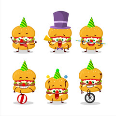 Cartoon character of cheeseburger with various circus shows