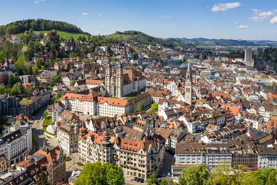Stunning view of the Saint Gallen old town with its famous monastery and  catholic catheral in Switzerland
