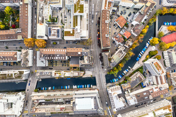Top down view of the Schanzengraben canal in the heart of the Zurich business and financial...