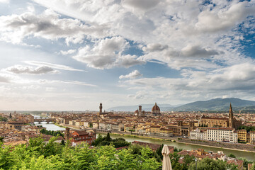 Fototapeta premium Florence cityscape seen from the Hill with the cathedral in the center, Santa Maria del Fiore and the bell tower of Giotto (Campanile). UNESCO world heritage site, Tuscany, Italy, Europe.