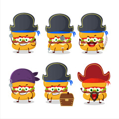 Cartoon character of cheeseburger with various pirates emoticons