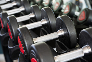 Row of metal dumbbells on rack in sports club for weight training