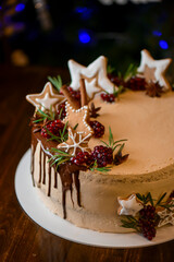 Christmas white chocolate cake decorated with pomegranate seeds and tangerine. Vanilla cake for New Year celebration.