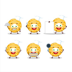 Cartoon character of banana cream donut with various chef emoticons