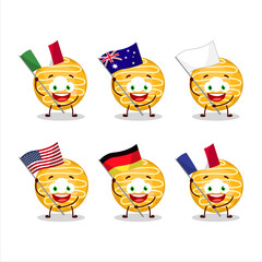 Banana cream donut cartoon character bring the flags of various countries