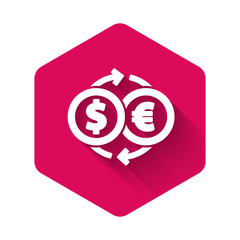 White Money exchange icon isolated with long shadow background. Euro and Dollar cash transfer symbol. Banking currency sign. Pink hexagon button. Vector