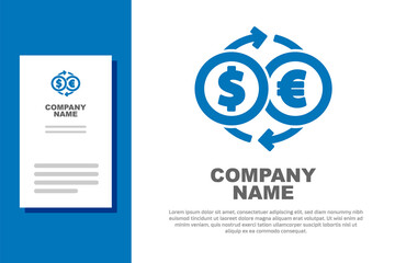 Blue Money exchange icon isolated on white background. Euro and Dollar cash transfer symbol. Banking currency sign. Logo design template element. Vector