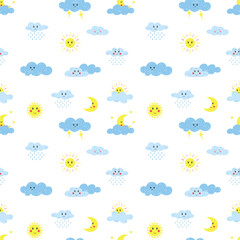 Seamless pattern with elements of weather, clouds, clouds, sun with eyes and face. For children's textiles and products for kids. Color cartoon vector illustrations. Isolated on white.