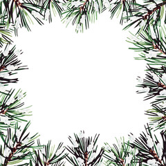 Frame made of watercolor branches pine needles snow winter