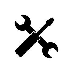 Icon service. Wrench key and screwdriver. Black silhouette tool isolated on white background. Symbol service repair. Design for support services. Technician logo. flat sign tools. Vector illustration