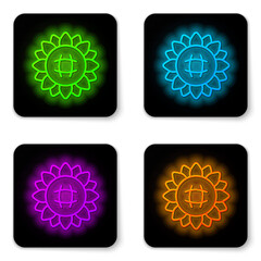 Glowing neon line Sunflower icon isolated on white background. Black square button. Vector