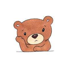Hand drawn watercolor illustration. Clipart for children design. Cute sad brown soft plush toy baby teddy bear leans his head on his hand and looks.