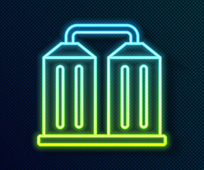 Glowing neon line Granary icon isolated on black background. Silo with grain, elevator, granary, factory. Warehouse of grain crops. Vector