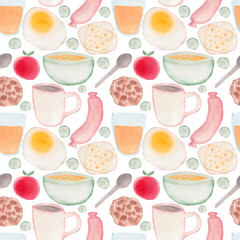 Pattern from food products tomato juice bread cheese breakfast on a white background sausage