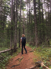 Hike to the forest in autumn. A young girl goes to the mountains with a backpack.