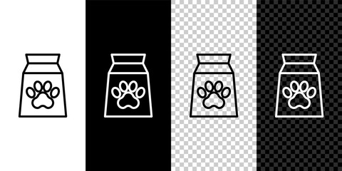 Set line Bag of food for pet icon isolated on black and white, transparent background. Food for animals. Dog bone sign. Pet food package. Vector