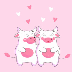 Obraz na płótnie Canvas cartoon cows cute kiss, bull kawaii and cow, valentine's day greeting card kiss and hearts, love of two cows