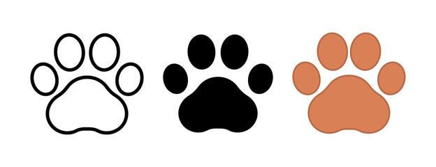 Paw prints. Footprint pet. Dog or cat vector, icon. Foot puppy isolated on white background. Black silhouette paw. Cute shape paw print. Walks for design. Animal track. Trace foot dog, cat. Vector © Omeris