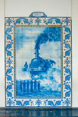 Panels of azulejos describing maritime life in the station of Ovar, Portugal