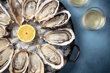 Oysters with wine, shot from above on a blue background