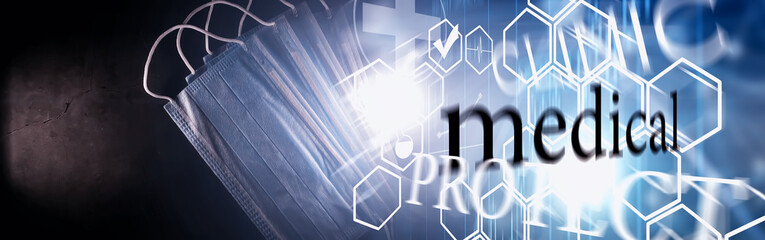 Personal protective equipment. Disposable medical mask. Gauze bandage for respiratory protection. Medical accessories.