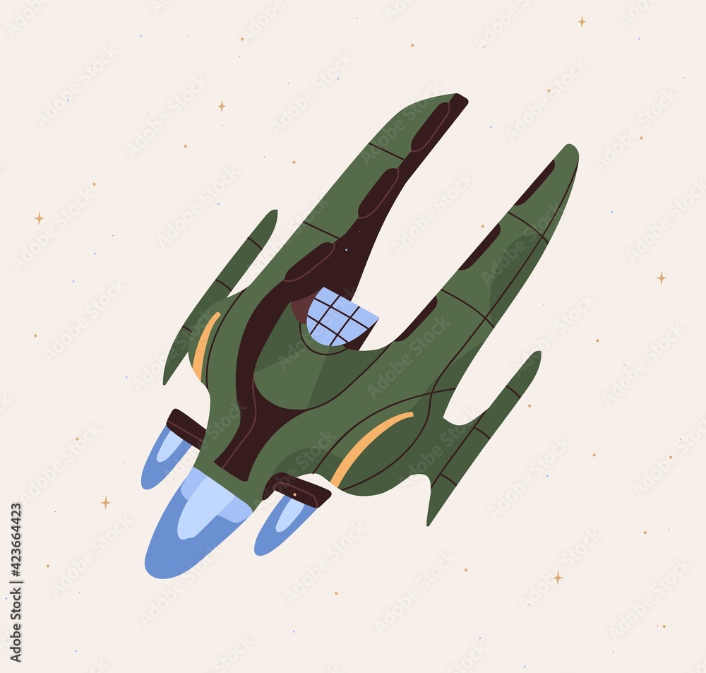 Poster futuristic fantasy spacecraft flying in outer space. flight of intergalactic spaceship. spaceflight 