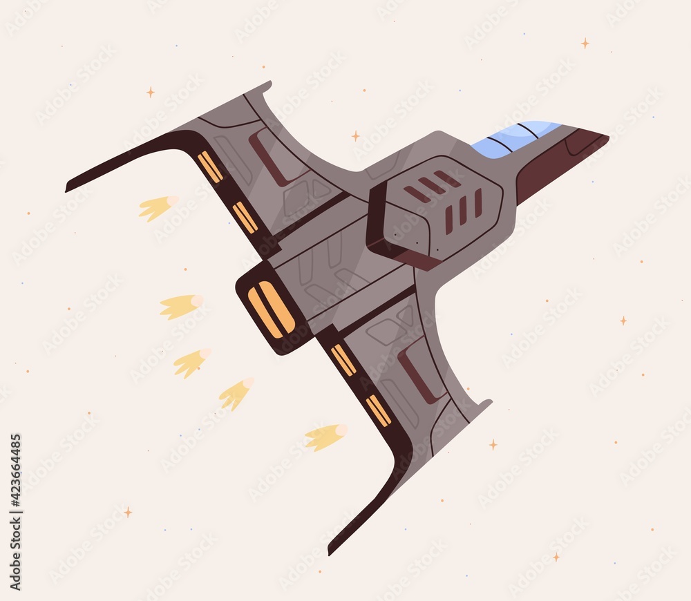 Poster futuristic spaceship with fire flames flying in outer space. flight of fantasy intergalactic spacecr